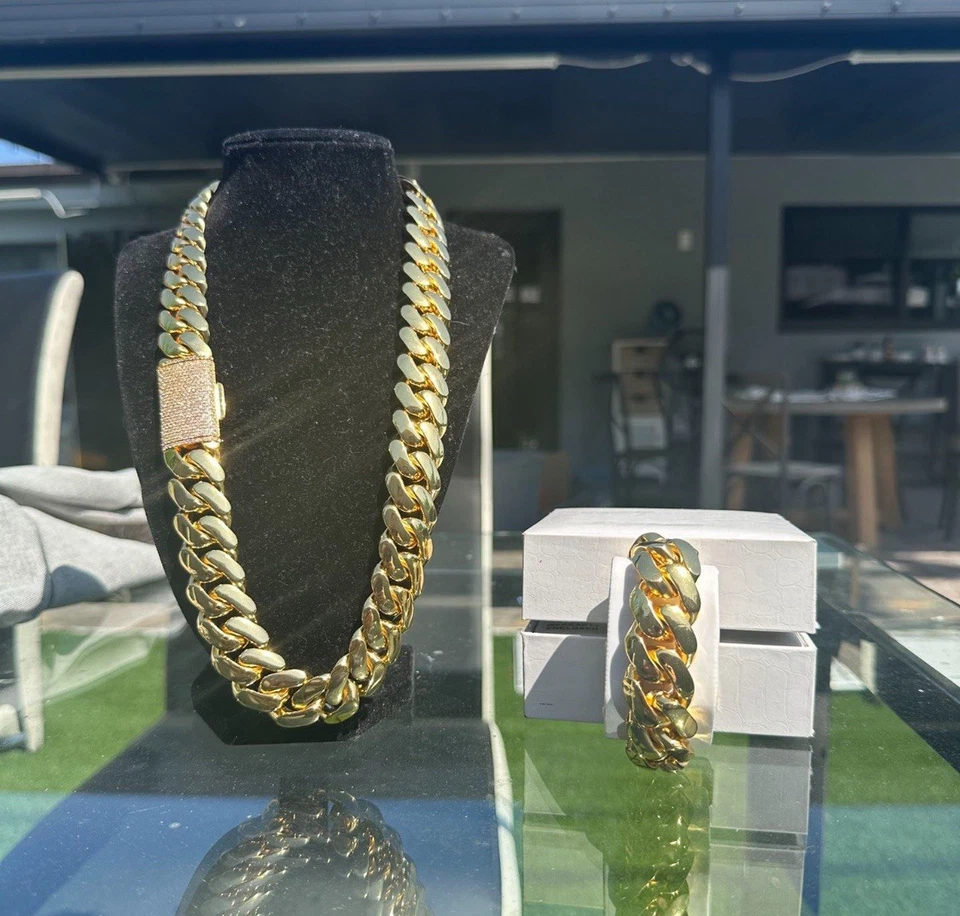 Bracelet & Chain Set  Miami Gold Cuban Link Gold Plated Stainless Steel Set 20mm - Image 1 of 2