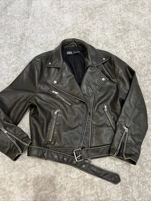 Zara Faux Leather Moto Biker Jacket Distressed Brown Small - Image 1 of 4