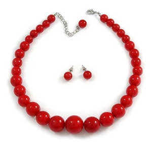 Hot Red Acrylic Bead Choker Necklace And Stud Earring Set (Silver Tone) - 34cm - Picture 1 of 4