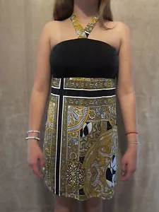 BABY PHAT Damen-Oberteil gelb & schwarz lässig Blumenmuster Neckholder Größe XSMALL NEU MIT ETIKETT - Bild 1 von 5