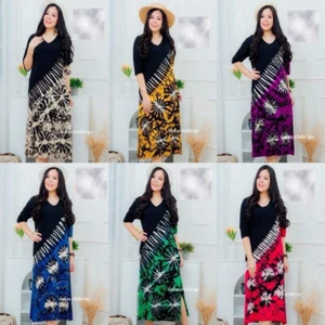 Langes Damenkleid Thai Handarbeit Batik Mehrfarbig V-Ausschnitt Freie Größe - Bild 1 von 74