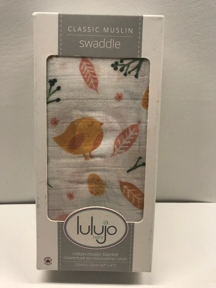 Lulujo Classic Cotton Muslin Swaddle Blanket Birds Leaves 47x47