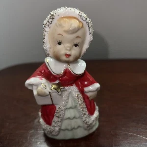 Vtg Lefton Christmas Bell Angel Girl Holding Gift Present Figurine spaghetti - Picture 1 of 8
