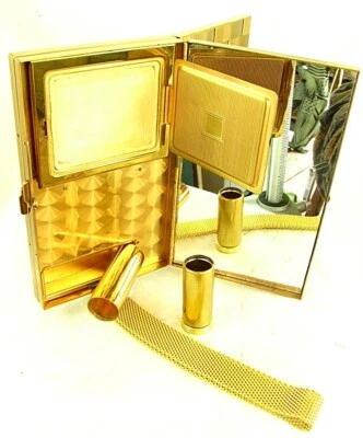 BOLSO DE NOCHE DORADO TEJIDO ESTUCHE PARA TARJETAS DE MAQUILLAJE ¡con CAJA Y BOLSA DE FIELTRO c.1940! ¡ART DECO! Foto 1 de 4