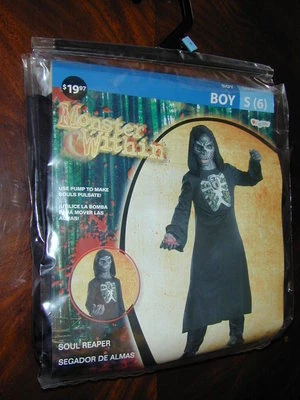 HALLOWEEN COSTUME Scary Soul Reaper Boy S 6 Mask Robe Bone Prison Chest+Pump NEW - Image 1 of 4