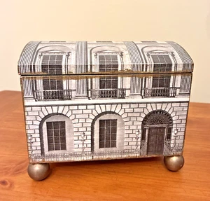 Piero Fornasetti Style Architectura Hinged Wood Box Brass Feet MCM Jewelry Box - Picture 1 of 19