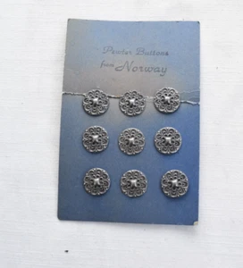 Vintage Pewter Buttons (9) From Norway On Stock Card - Picture 1 of 2