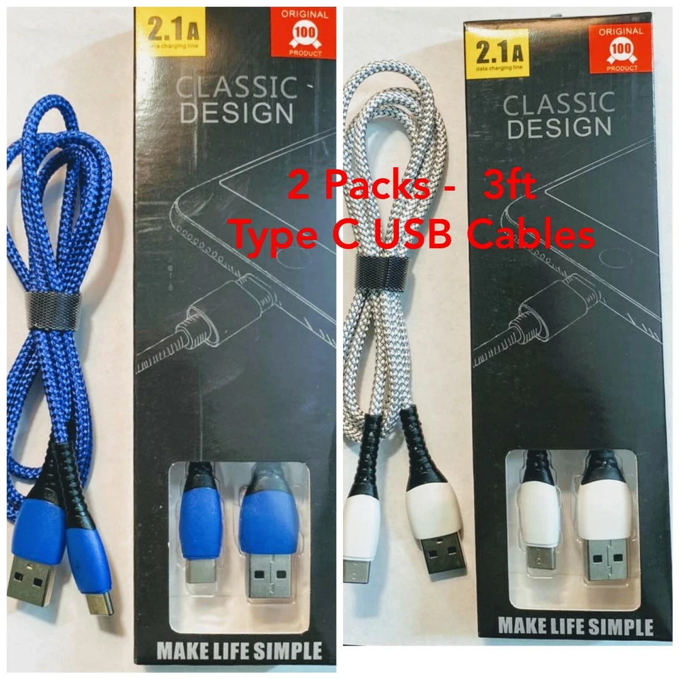 USB - C Type Charger Cable for Samsung , S10 / S8 / S8+/ Android, LG (2 Packs) - Image 1 of 4
