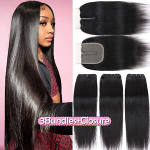 Indian 8A Human Hair 3Bundles With Frontal 4*4 Lace Closure Virgin Weave Weft US
