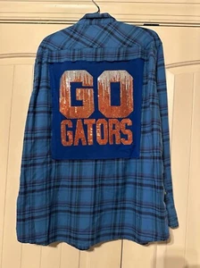 UPCYCLED FLANNEL UNISEX SZ XL GO GATORS UNIVERSITY OF FLA SHIRT BLUE HANDMADE - Picture 1 of 3