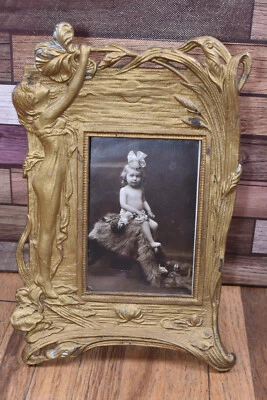 Antique Art Nouveau Brass Repoussé Lady Woman Figural Photo Frame - Image 1 of 4