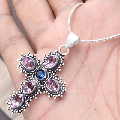 Amatista facetada, piedras preciosas de tanzanita 925 cruz joyería elegante Foto 1 de 4