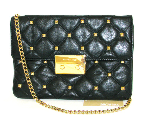BORSA POCHETTE A TRACOLLA MICHAEL KORS SLOAN QUILT BORCHIATA PELLE NERA ORO POCHETTE