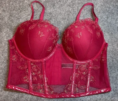 Sujetador corsé push up Victoria's Secret 34D muy sexy floral imitación cuero ROJO Foto 1 de 4