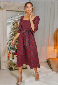 CUPSHE Women's Maxi Dress Square Neck Plaid Smocked Belted Ruffled 3/4 Trumpet M - Picture 1 of 4