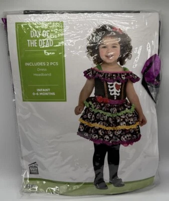 NUEVO Vestido/Cinta para la Cabeza Infantil Día de Muertos Niñas Esqueleto Calavera 0-6 Meses Foto 1 de 4