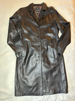 INC Women’s Medium Leather Coat Long Size Black 4-Buttons 2-Front Pockets Lining - Image 1 of 4