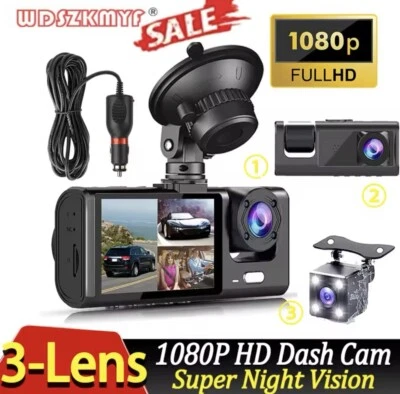 Dash Cam 3 canali 1080P, anteriore e posteriore, DVR retromarcia, Black Box auto - Immagine 1 di 4