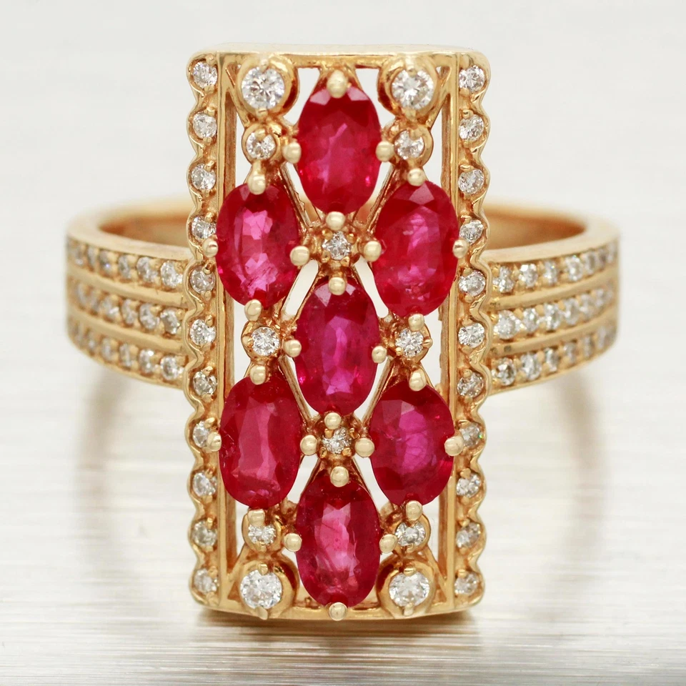 EFFY Ruby and Diamond Cocktail Ring - Rectangle 14k Yellow Gold Setting - Size 9 - Image 1 of 4