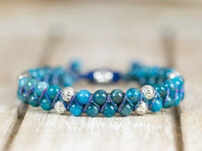 Blue Apatite Beads Crystal Hand Braided Healing Women Wrap Bracelet for Her Gift - Image 1 of 3