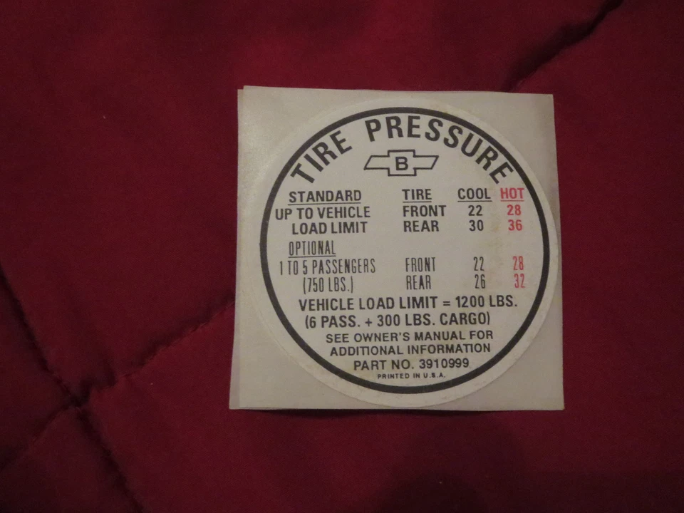 1967 CHEVROLET CHEVELLE STATION WAGON DOOR TIRE PRESSURE SPEC DECAL "B" Foto 1 de 1