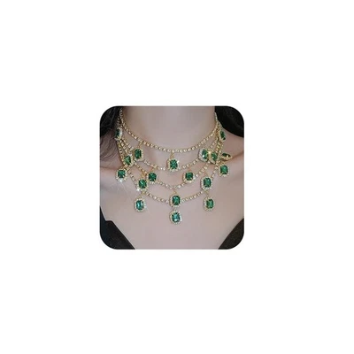 Gargantilla cadena tenis estrás oro lujo collar cristal verde capas boho s Foto 1 de 4