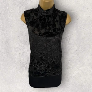 Next Womens Black Velvet Flock Sparkly Sleeveless Evening Top UK 14 - Picture 1 of 2