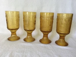 Set of 4 Vintage Indiana Glass 70's Amber Sandwich Glass Tiara Footed Goblet - Picture 1 of 9