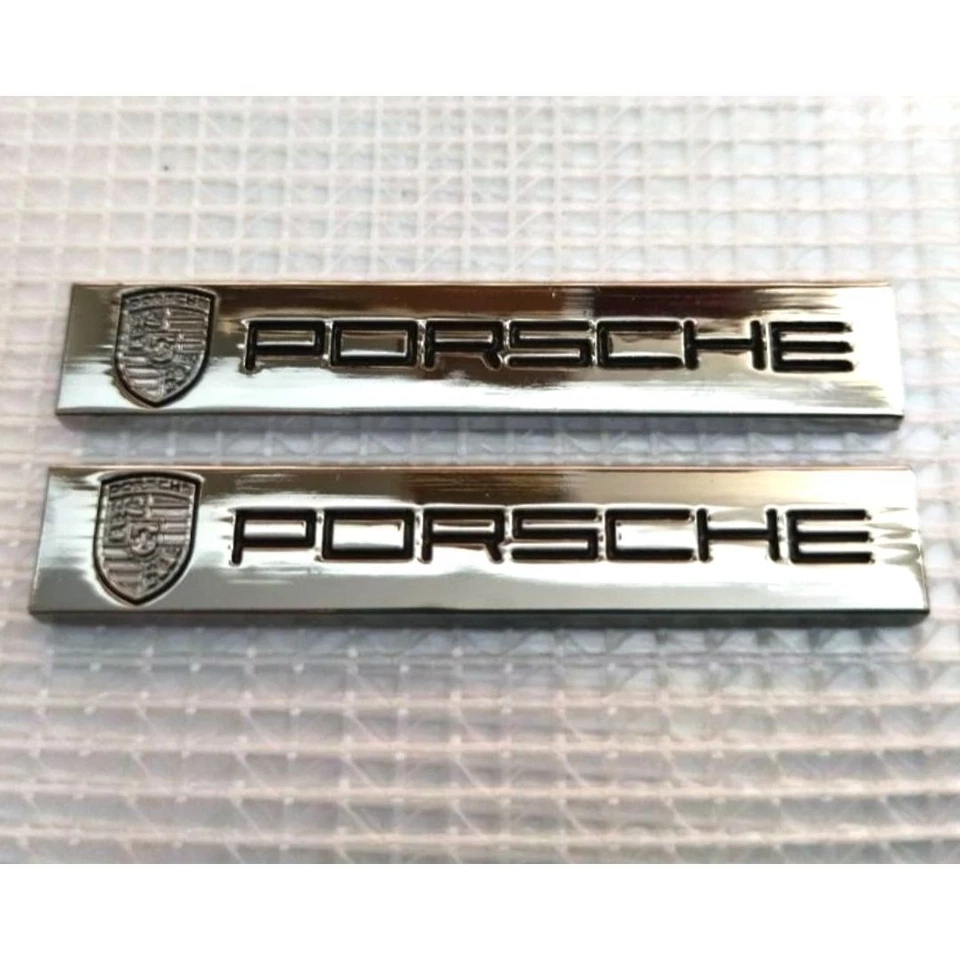 PORSCHE Emblem Silver Set of 2 Metal Plate Badge Car Decoration New - Image 1 of 2