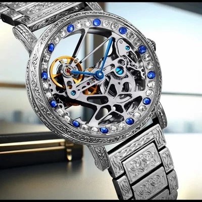 Reloj mecánico transparente con pentagrama tourbillon de acero plateado para hombre juvenil Foto 1 de 4