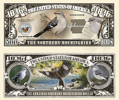 Arkansas Northern Mocking Bird 1836 Dollar Bill Funny Money Note + FREE SLEEVE