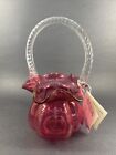 Vintage Fenton Art Glass Melon Style Cranberry Pink Ruffled Handled Basket