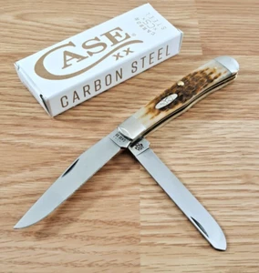 Case XX Trapper Pocket Knife Carbon Steel Blades Amber Jigged Bone Handle 00163 - Picture 1 of 11