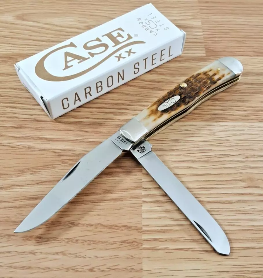 Case XX Ca163 Amber Jigged Bone 2 Blade Carbon Steel Folding Trapper Knife