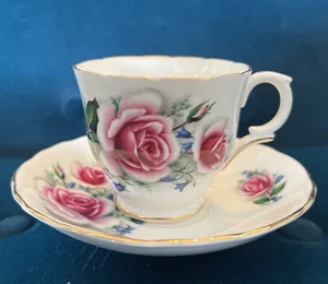 Crown Victorian Staffordshire England Fine Bone China Saucer Teacup Pink Roses - Picture 1 of 6