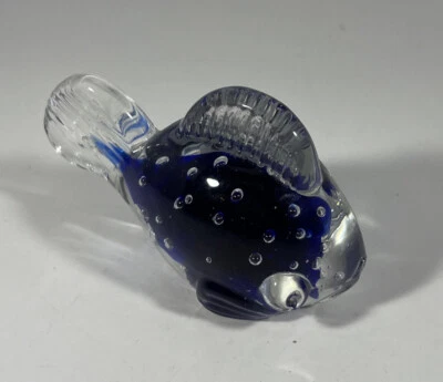 Hand Blown Clear Glass Fish With Cobalt Blue Infused Inside Paperweight - Image 1 of 4