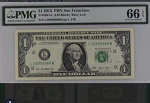 $1 2013 FRN Five On Row Five of a Kind Fancy Serial Number 66 PMG L29999968M - Picture 1 of 2