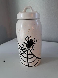 Global Design White Canister w/Black Spider Web & Orange Speckles Ceramic 46oz - Picture 1 of 6