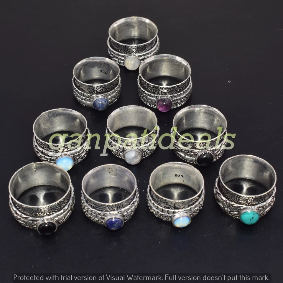 Lote de 10 piezas de anillos enchapados en plata 925 con anillo giratorio de amatista y piedras preciosas múltiples Foto 1 de 4