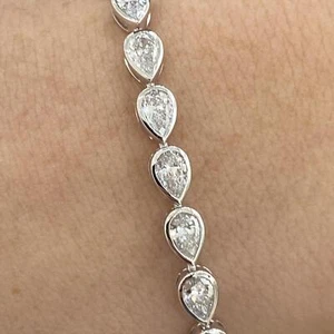 14K White Gold Tennis Bracelet Pear Lab-Created Diamond E-F/VS1 5.43ct Bezel - Picture 1 of 6