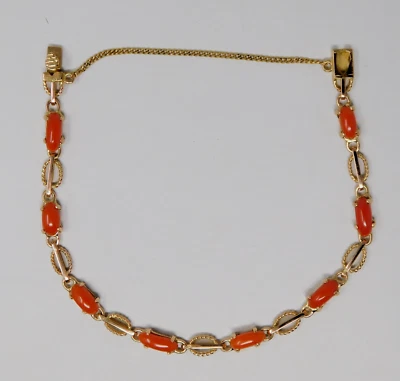 18 克拉黄金拉长凸圆形珊瑚柔性链式手链 ≈7.5 英寸 B6622 — 第 1/4 张图片