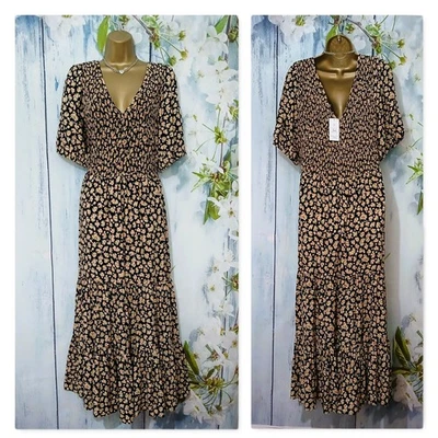 New Look Maxi Dress Size 18 Black Peach Floral Shirred Bodice V Neck Summer BNWT - Image 1 of 4