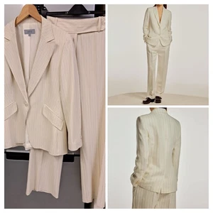 Cream Pinstriped Suit Jacket Size 14 Trousers Size 12 - Picture 1 of 20