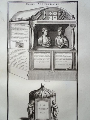 Urnes röm. Grabstein Architektur Nekropole Füllhorn Montfaucon Kupferstich 1722 - Bild 1 von 2