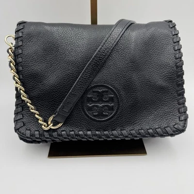 Tory Burch Marion Combo Black Leather Whipstitch Crossbody Bag W Gold Details - Image 1 of 4