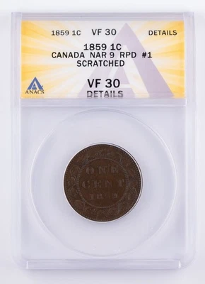 Certified 1859 Canada Large Cent ANACS VF30 Details Narrow 9 RPD#1 1c  - Image 1 of 4