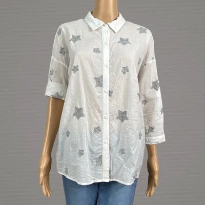 Camisa de lapislázuli blanca gris estrella bordada calce suelto manga enrollable abotonada XL Foto 1 de 4