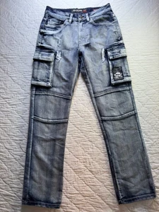 Ecko Unltd. Mens Skinny Cargo Jeans Blue Factory Faded Denim Mid Rise Skater 29 - Picture 1 of 12