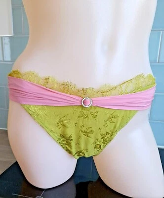 Cueca John Galliano BIJOUX verde/rosa seda/renda perna alta - Imagem 1 de 4