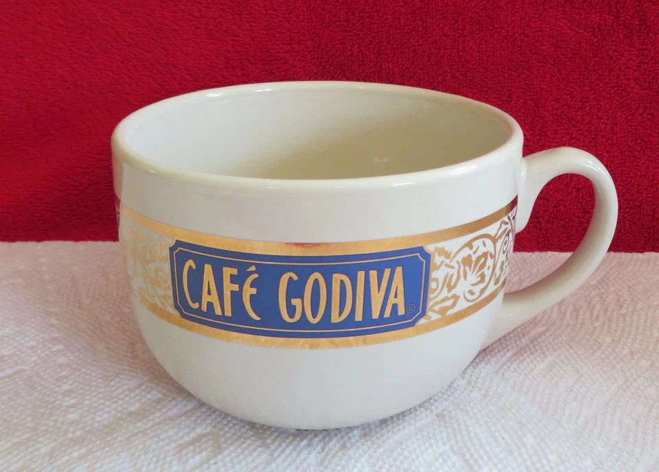 CAFE GODIVA OVERSIZED CERAMIC MUG 2004 NEW UNUSED GOLD FILIGREE PATTERN - Image 1 of 1